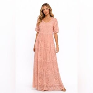 Orange Creek Size S/M Lace Overlay‎ Blush Embroidered Maxi Dress